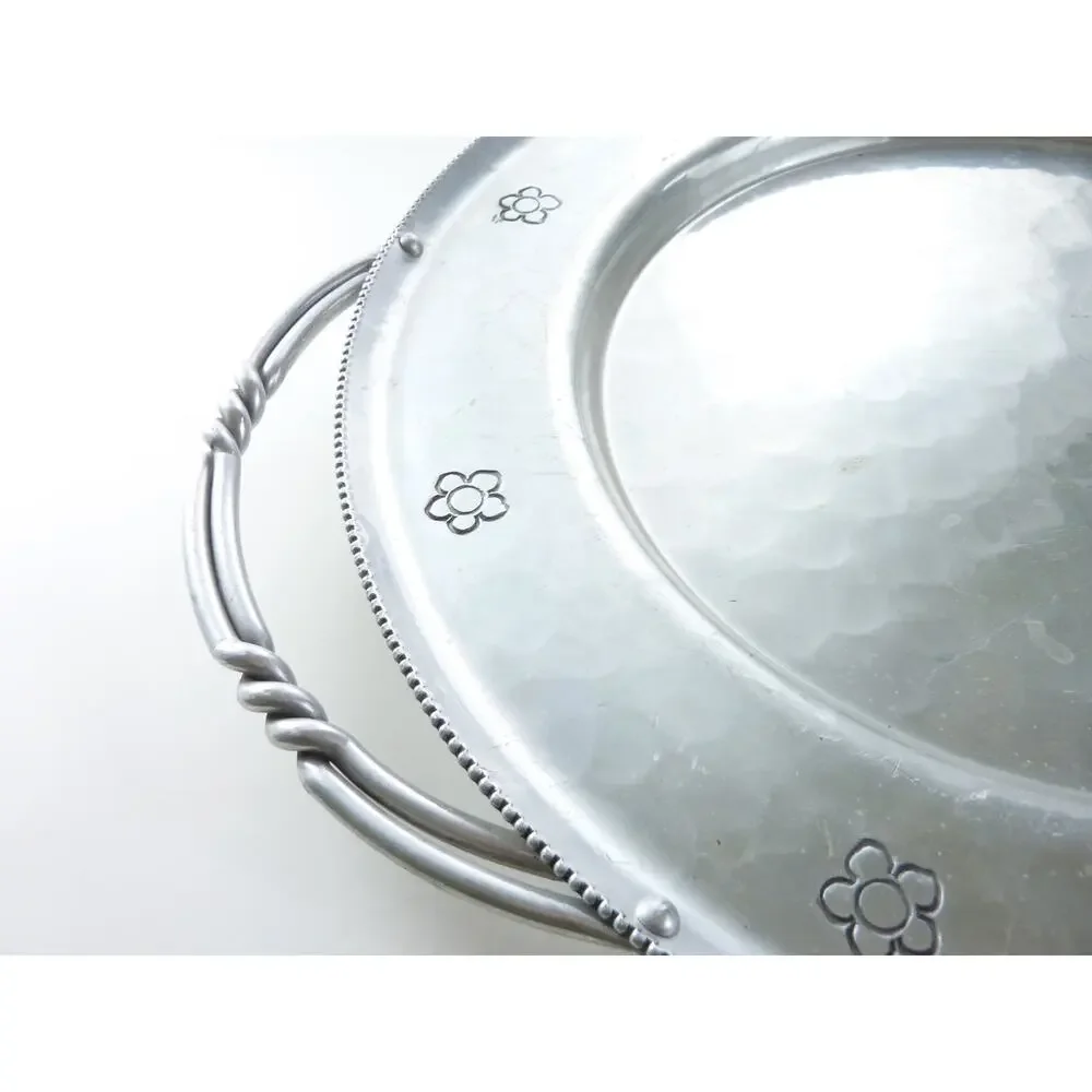 Vintage BW Buenilum Aluminum Serving Tray Floral Engraved Large Round Platter